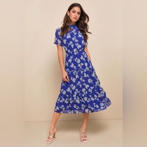 Lulus Floral Dressed Up Royal Blue Floral Print Midi Dress